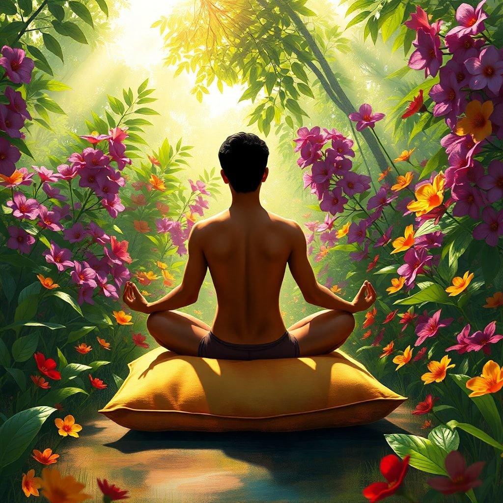 Uma imagem bonita e pacífica de um homem meditando em um jardim, cercado por flores vibrantes e vegetação exuberante.