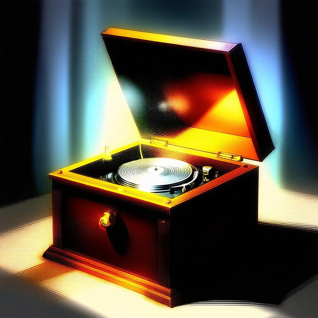 Sleek, open, wood-grain record player with an illuminated lamp. A nostalgic symbol of the golden age of music.