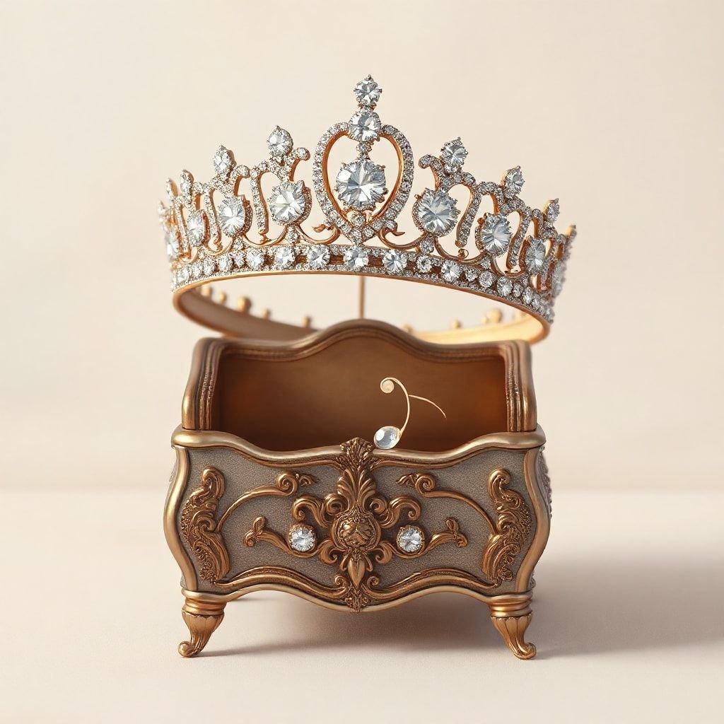 This luxurious jewelry box is fit for royalty, featuring a regal crown atop. Crafted from gold, it sparkles with the elegance of its intricate designs and the brilliance of crystals that catch the light. Perfect for the woman who loves to feel like a queen. This statement piece embodies the glamour and opulence associated with jewelry fit for royalty.