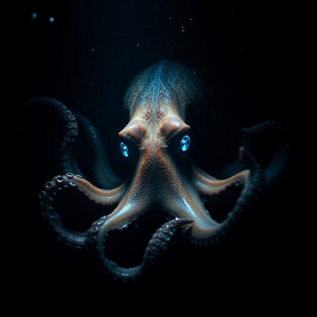 Discover the mesmerizing gaze of an octopus in the depths of the ocean, its blue eyes piercing through the dark water.