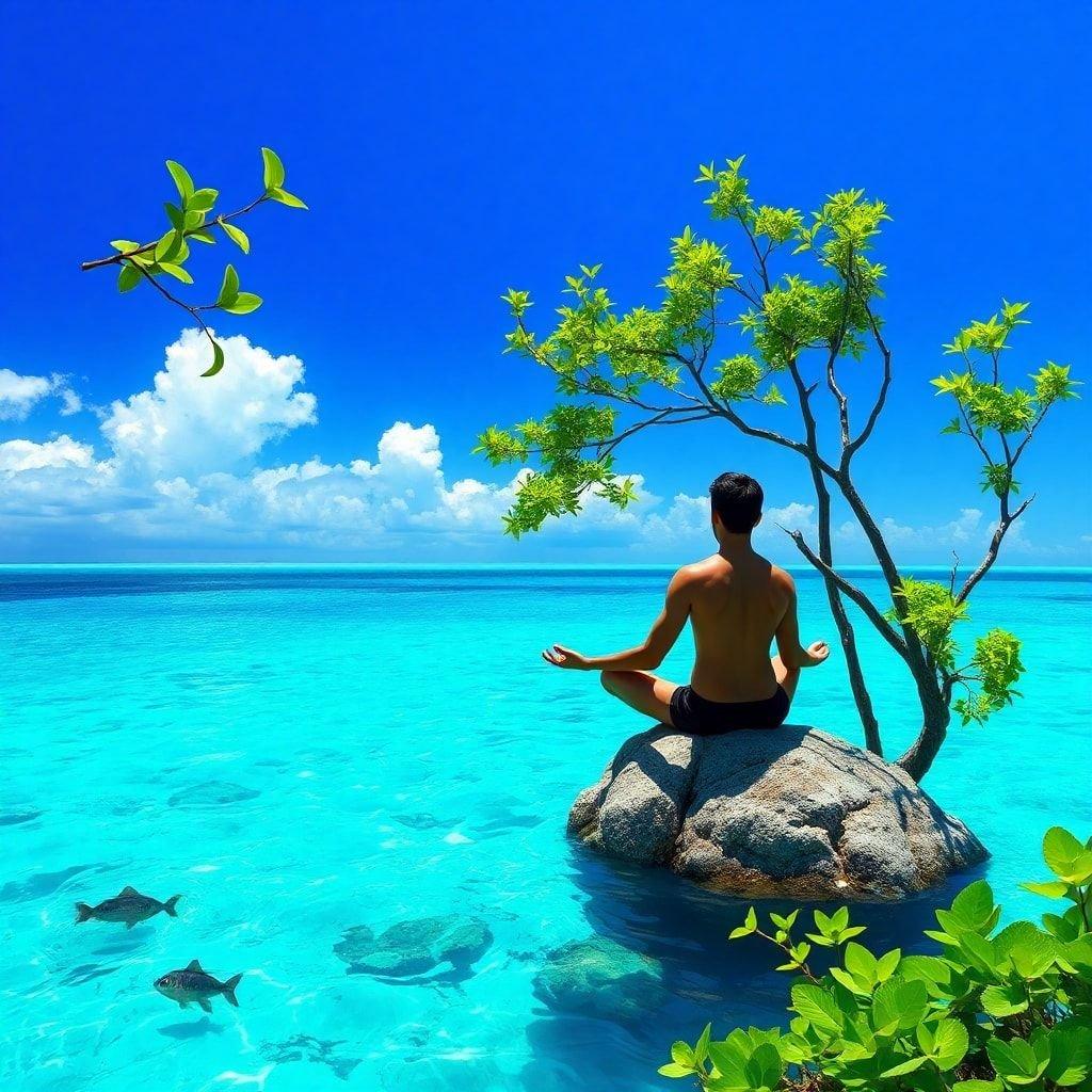 A serene moment of tranquility as a person meditates on a rock, surrounded by fish and overlooking the ocean. Ideal for those who find solace in nature.