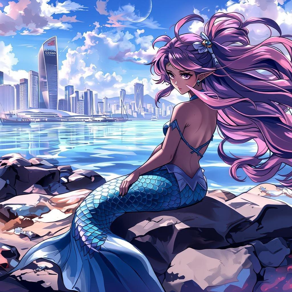 This anime-style illustration features a serene mermaid sitting on a rocky beach, with her long hair flowing to the right. In the background, a distant cityscape with tall buildings and a few boats adds a touch of urban charm to the tranquil scene.