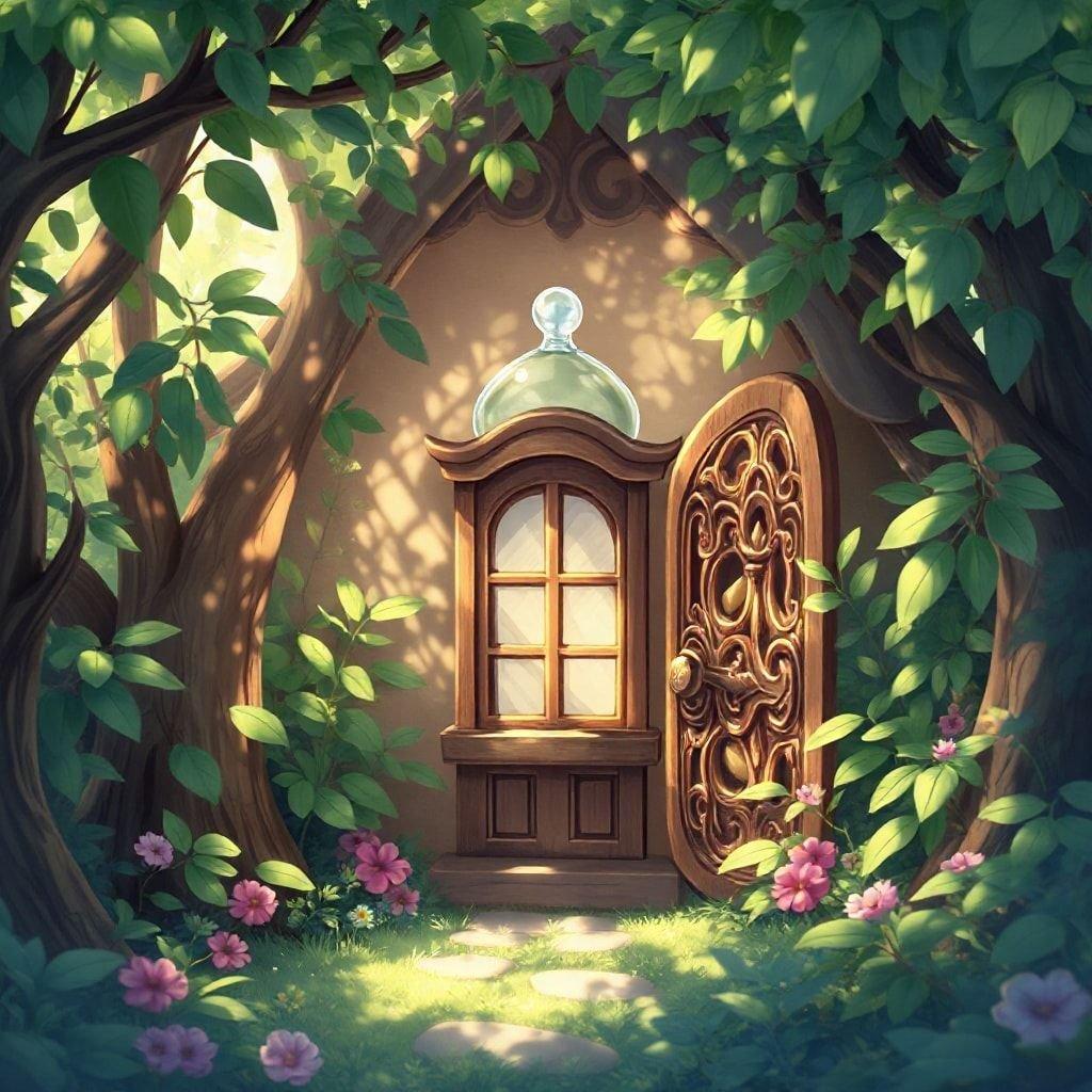 Entrez dans un monde serein de merveilles avec cette scène inspirée par l'anime, où une charmante maison de poupées nichée dans une forêt luxuriante crée une atmosphère tranquille.