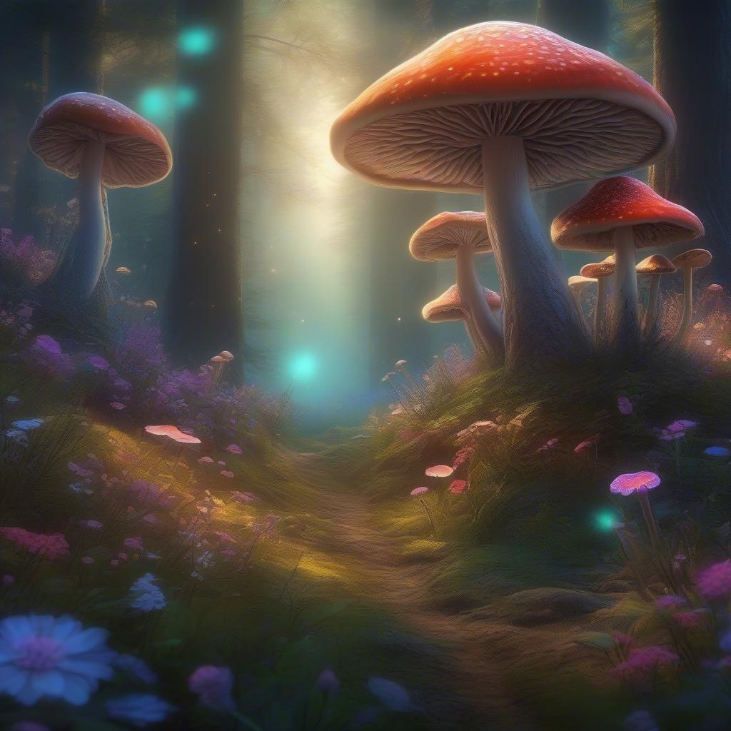 A magical path through a forest blooming with vibrant mushrooms, surrounded by lush flora and glowing fairy lights.