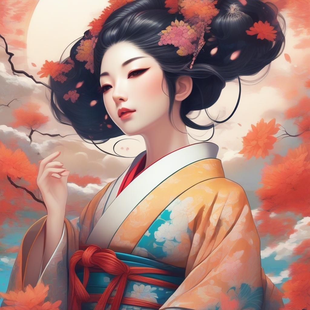 Dieses Bild fängt die Eleganz und Gelassenheit der japanischen Kultur mit einer detaillierten Anime-Illustration einer Geisha ein, die durch die Luft schwebt. Ihr Kimono, der wie ein Schmetterling flattert, deutet auf einen Moment des Friedens inmitten ihrer Aktivitäten hin.