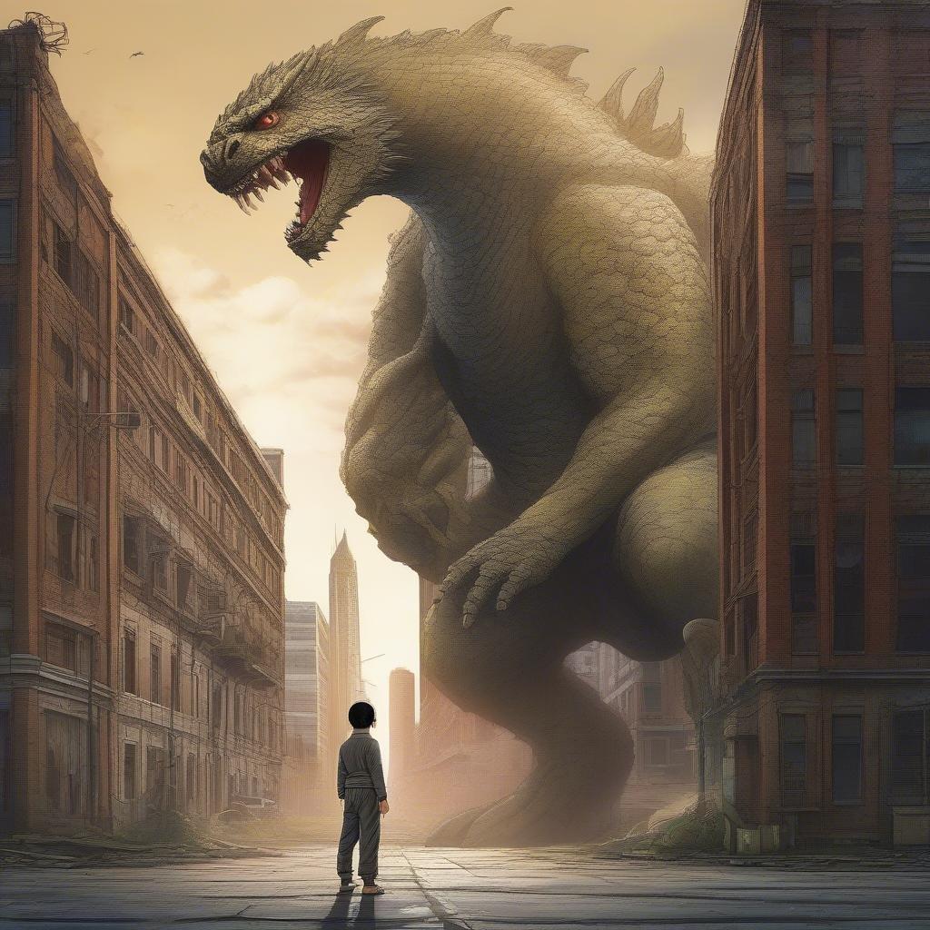 Immerse yourself in the world of anime with this captivating wallpaper featuring a young martial artist facing off against a formidable kaiju monster. The abandoned city street, complete with a tall building and arched windows, adds to the enigmatic atmosphere, inviting you to step into the scene and experience the anticipation.