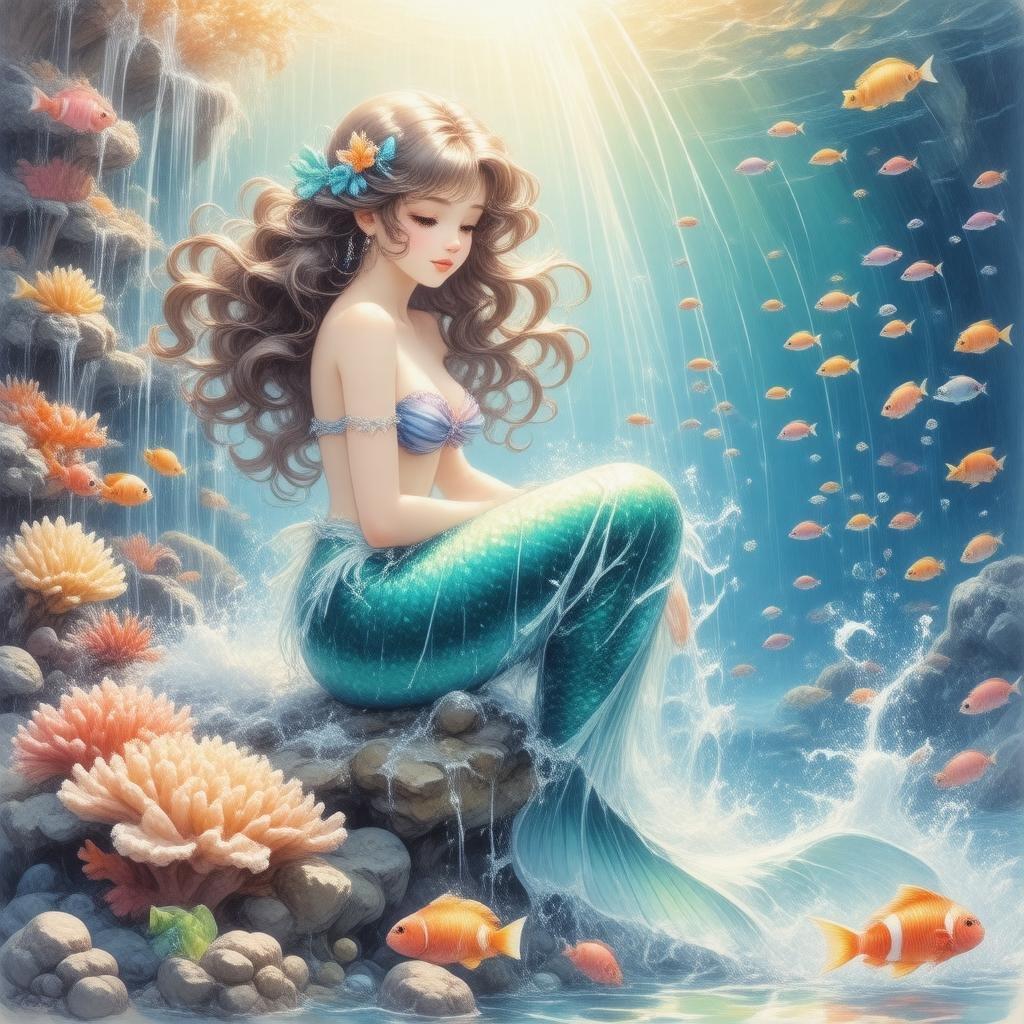 A beautiful anime illustration capturing the allure of an underwater world where a mermaid sits on her throne atop a vibrant coral reef. The scene is brought to life with a variety of colorful fish and lush corals, creating a serene yet magical atmosphere.