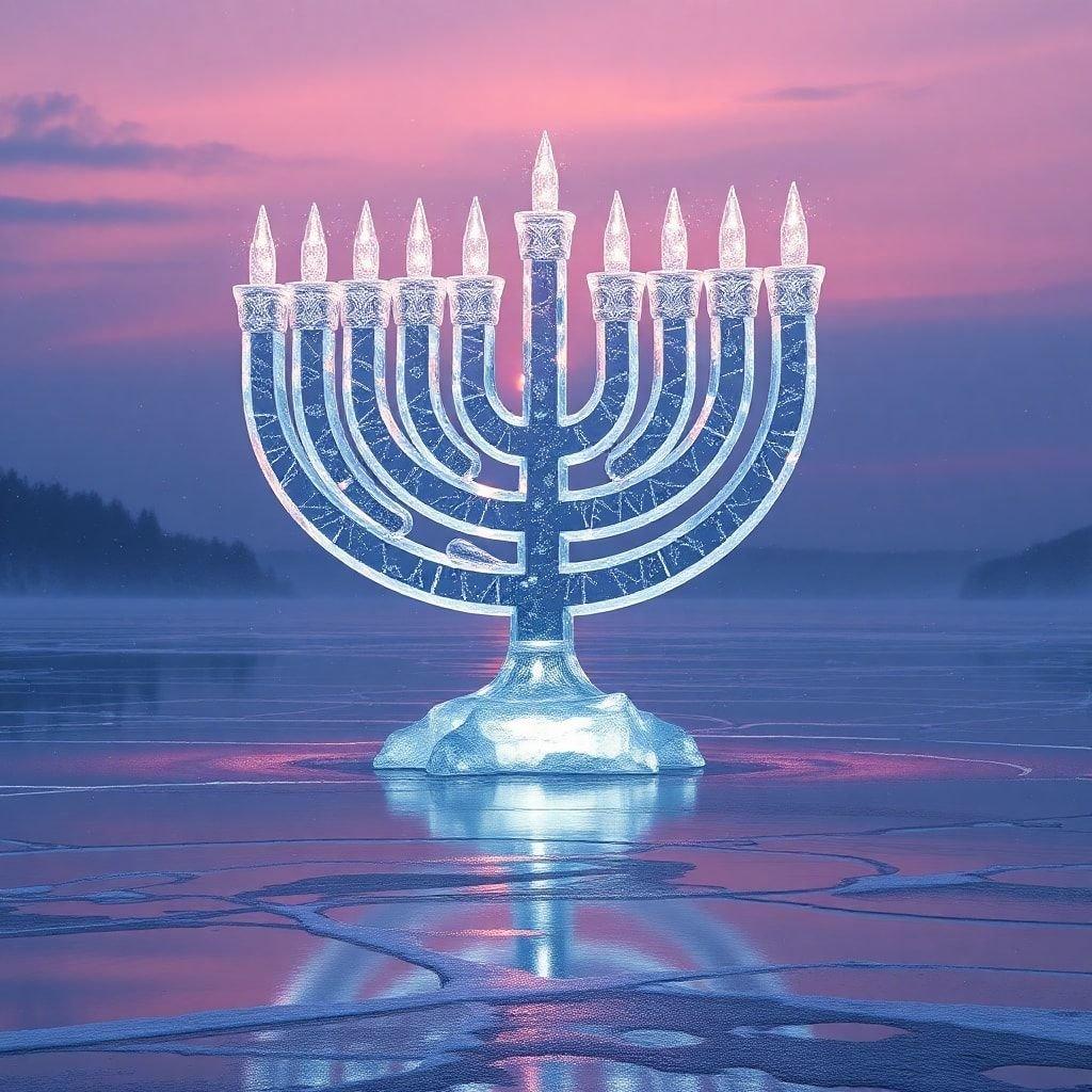 A magical, illuminated menorah sits atop a frozen body of water during the holiday season, symbolizing light and hope.