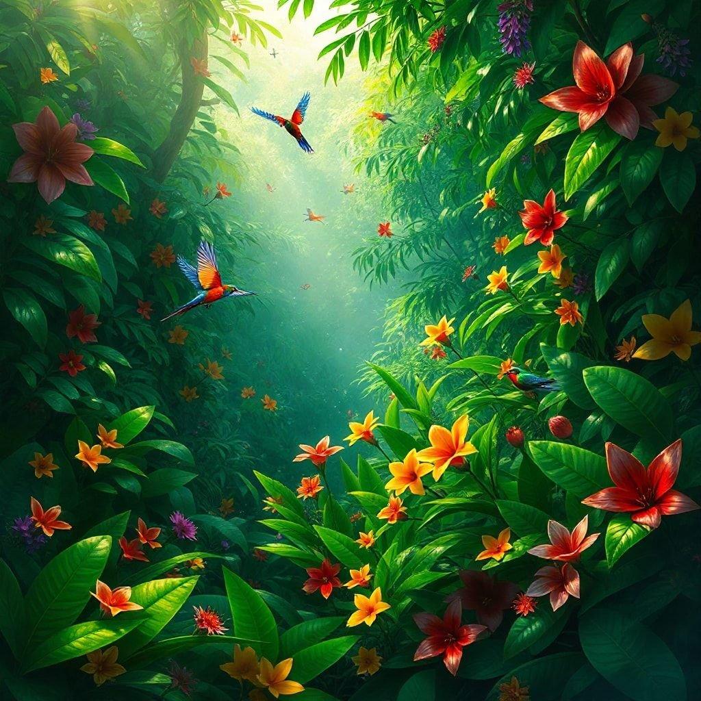 Explore the vibrant beauty of nature with this lush, fantastical rainforest scene. Soaring toucans and fluttering hummingbirds share their tropical paradise with you. A captivating desktop wallpaper for those who love nature's splendor.