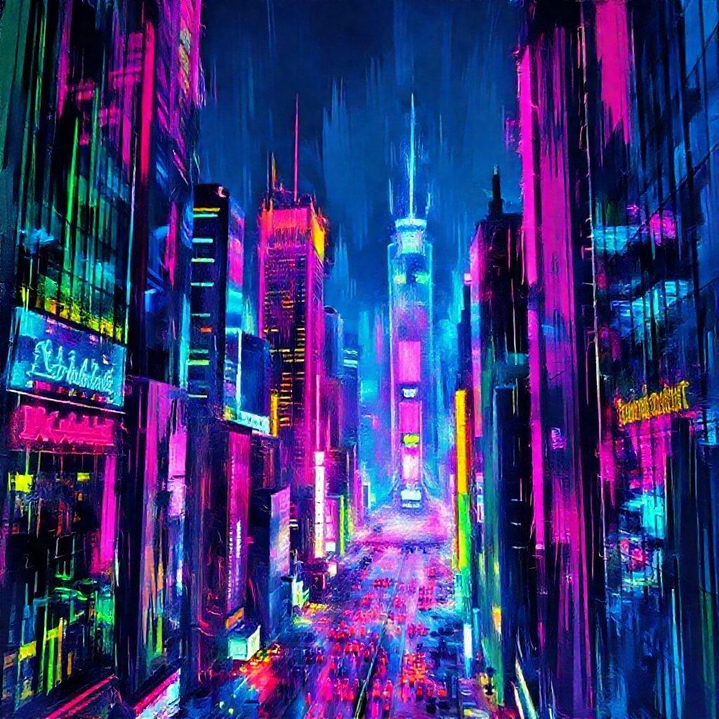 A digital art piece depicting a futuristic night in the heart of New York City, where neon lights and towering skyscrapers dominate the skyline.