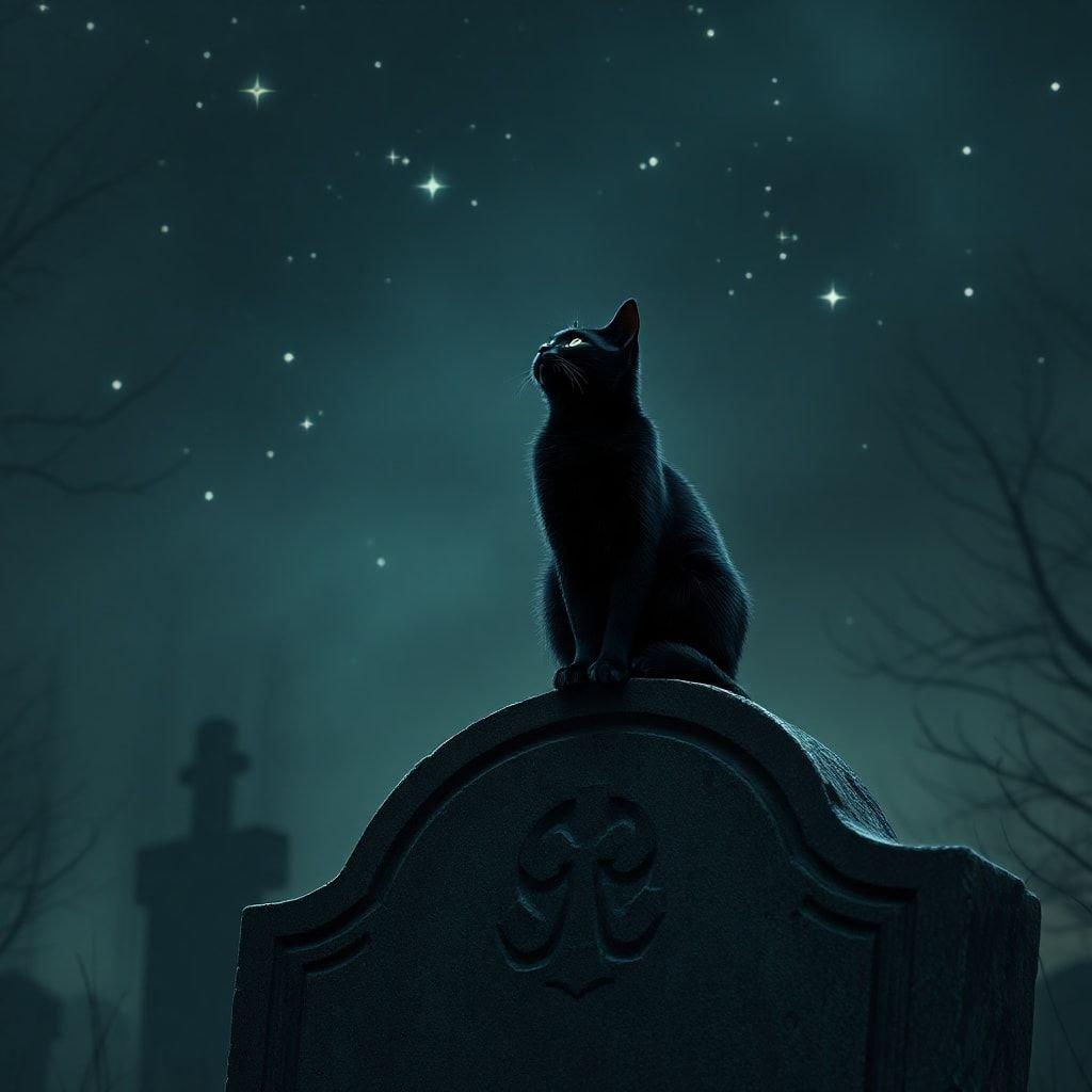 This Halloween, let your screen be the canvas for this spooky night scene. A solitary cat perches on a grave, gazing up at the starry sky, as if watching over the resting souls.