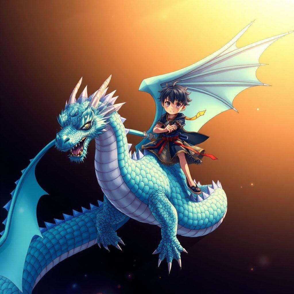 A young samurai boy rides a majestic dragon in a beautiful anime illustration.