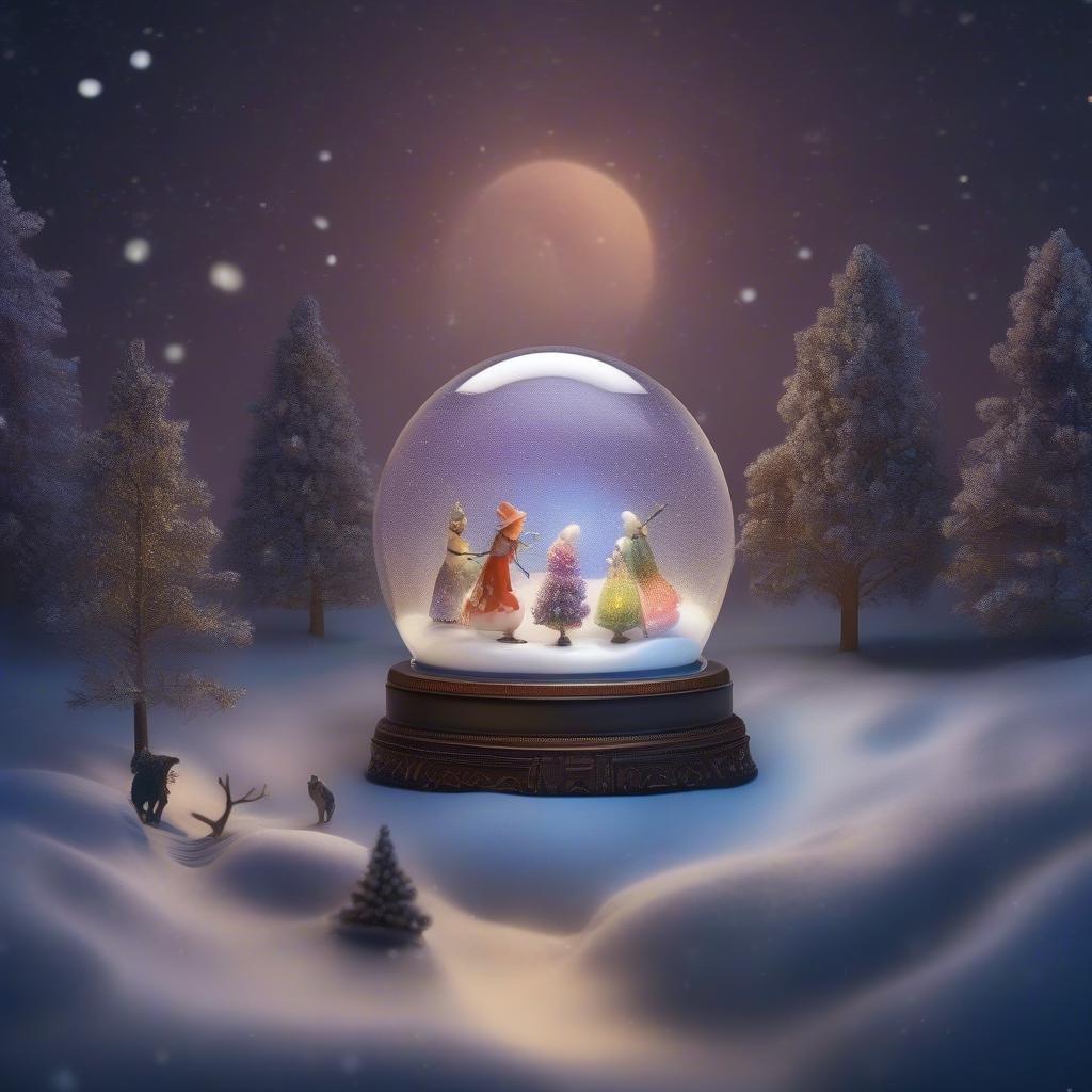 In this magical winter scene, we see a small bubble that has become the temporary home for four adorable frogs. Dressed in vibrant and colorful clothing, they huddle together, perhaps to keep warm or share stories. Above them floats a full moon, casting an ethereal glow on the snow-covered ground beneath. It's as if time has stood still in this enchanted winter landscape.