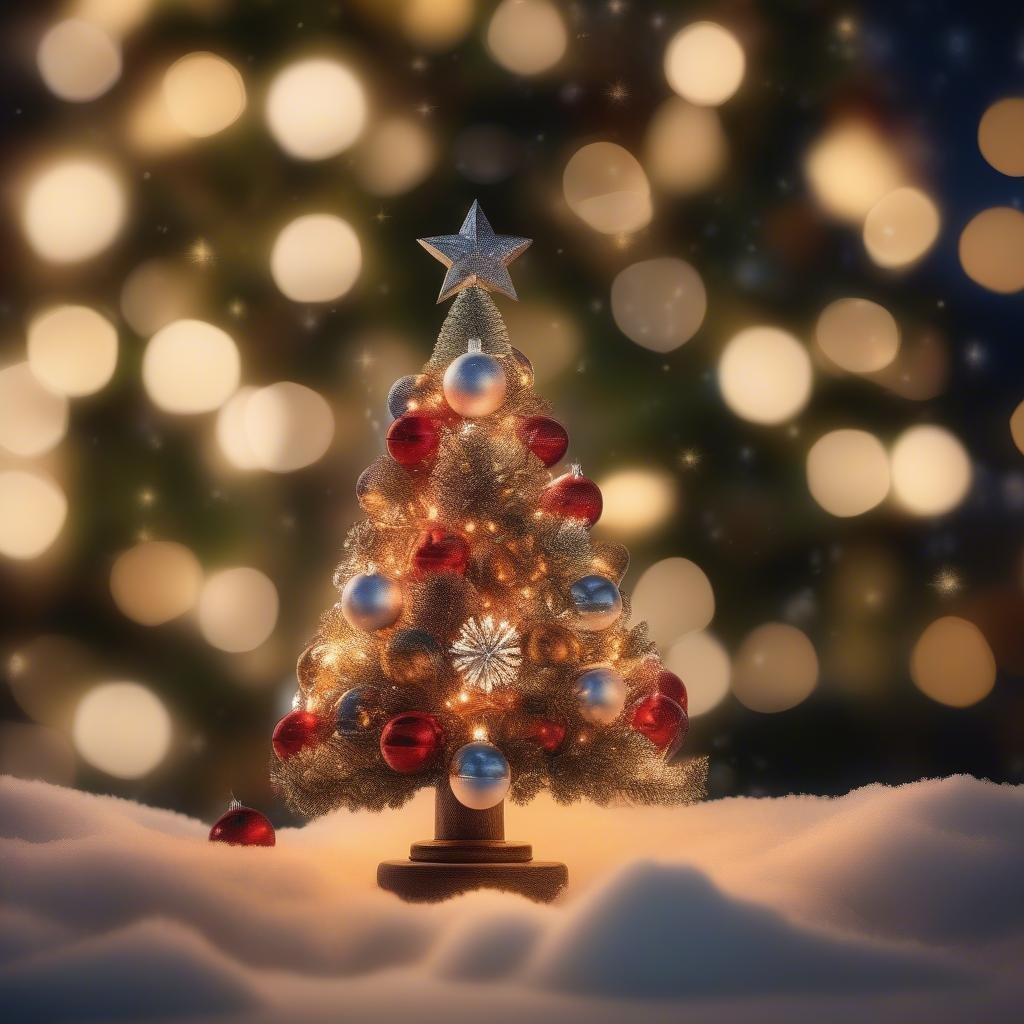 Celebrate the festive winter season with this serene image of a glowing Christmas tree standing proudly on a ground covered in snow, surrounded by twinkling lights.