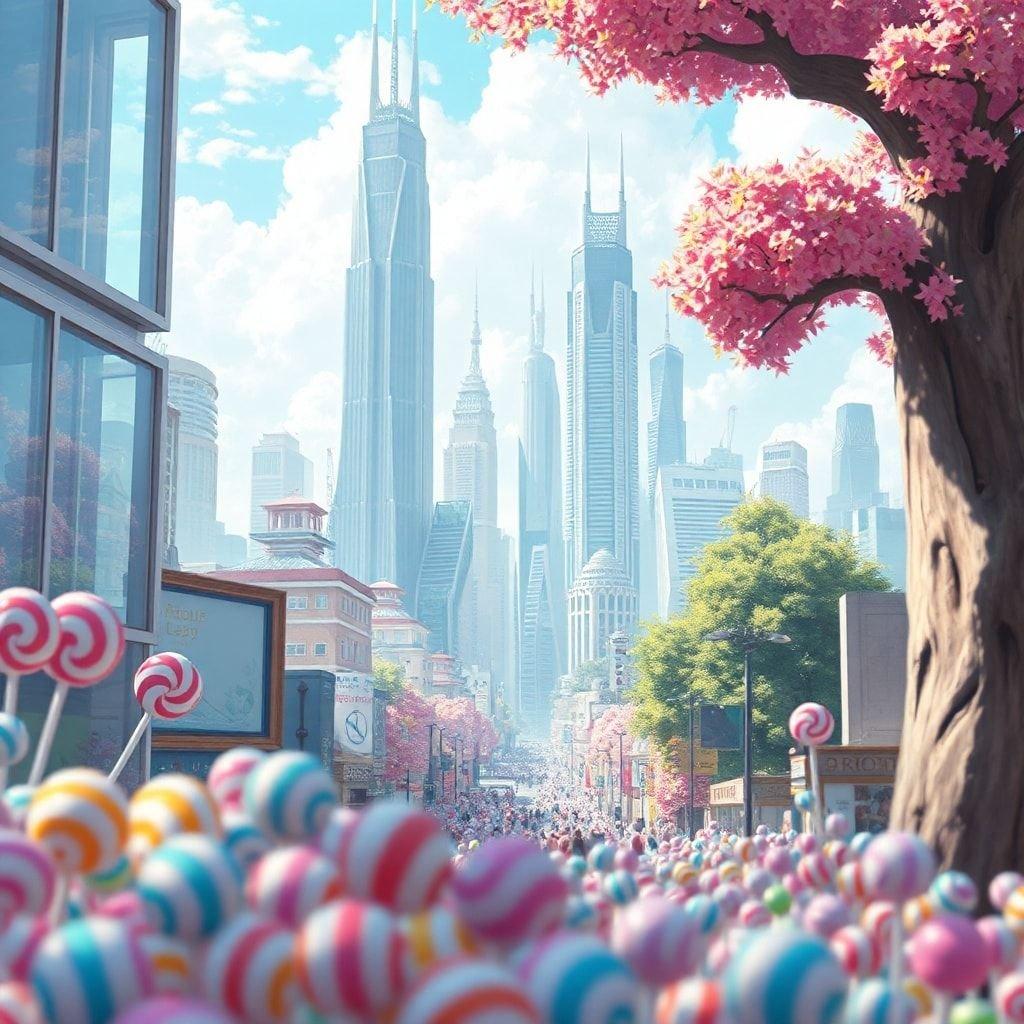 Uma vibrante paisagem urbana de anime com edifícios altos, ruas cheias de doces e guloseimas, e uma atmosfera surreal.