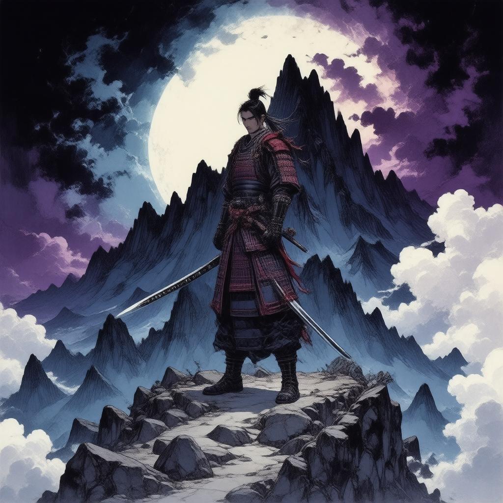 A majestic anime-style illustration featuring a samurai warrior standing tall on a mountain peak, surrounded by swirling clouds of dark blue and purple.