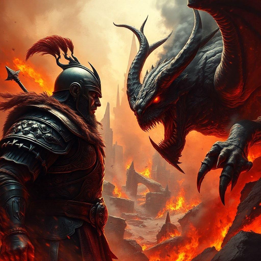 A dramatic battle between a knight and a dragon in a fantasy world.