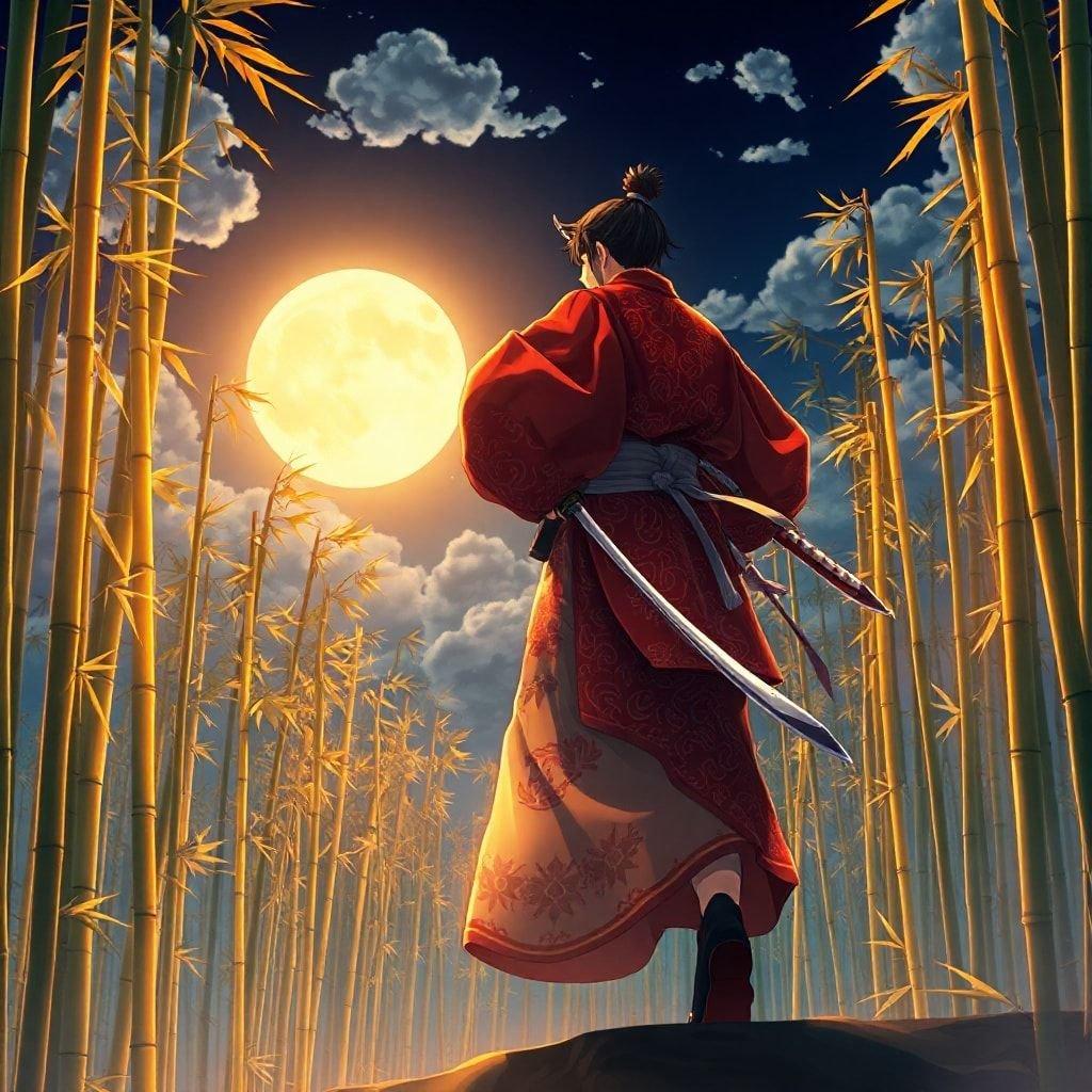 Dieser Anime-Stil Hintergrund zeigt einen Samurai-Krieger, der durch einen ruhigen Wald aus hohen Bambusbäumen geht, getaucht in das warme, leuchtende Licht des Mondes. Der rote und weiße Kimono des Kriegers und das erhobene Schwert erzeugen ein Gefühl von Action und Abenteuer, während der tiefe blaue Himmel mit flauschigen Wolken der Szene Tiefe verleiht.