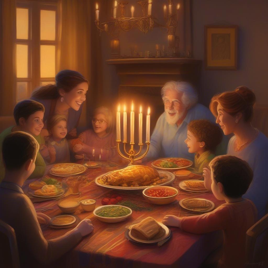 This joyful scene depicts a family gathered around a table, enjoying the warmth and light of a beautifully lit hanukkiah. The delightful atmosphere suggests a night of storytelling, singing, and sharing in the spirit of the festival.