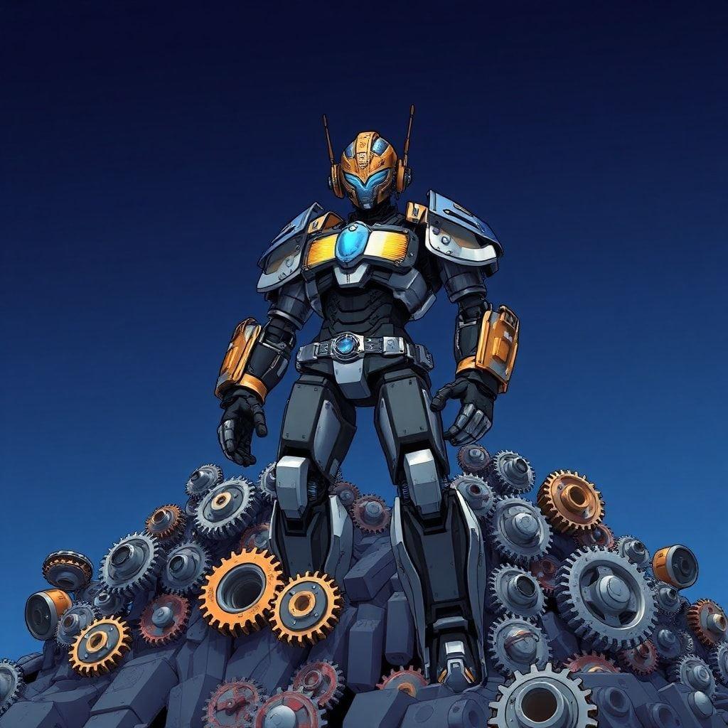 Embrace the future of warfare with this dynamic robot, standing as a symbol of technology and power. Its steampunk-inspired design fuses old and new elements to create an unforgettable scene set against the backdrop of a deep blue sky.