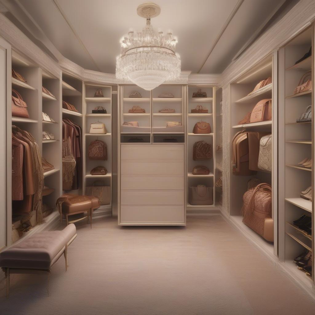 Elevate your fashion game with this luxurious closet. With elegant chandeliers casting a soft glow, our collection of designer clothing and accessories are sure to make a statement.