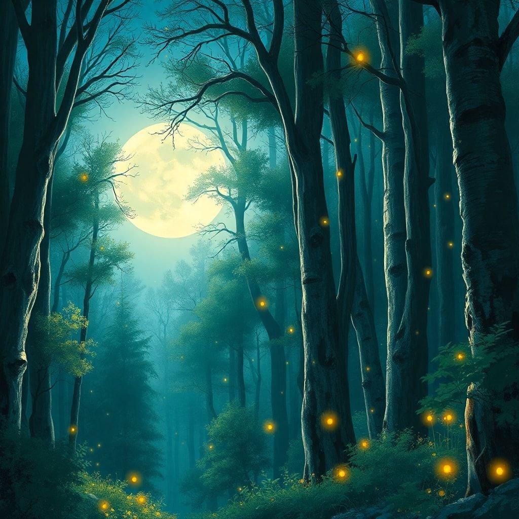 This beautiful wallpaper captures the serene beauty of a forest at night, with fireflies lighting up the darkness.