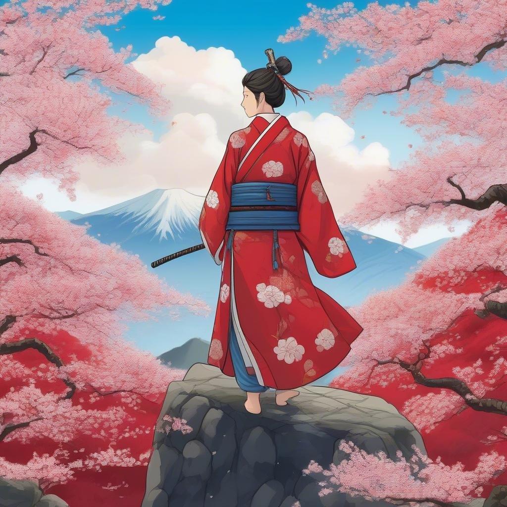 En animeillustration av en samurai-krigare som står på en bergstopp, omgiven av en blomstring av körsbärsblommor. Hennes livfulla röda och vita kläder kontrasterar med den lugna blå himlen i bakgrunden, vilket skapar en visuellt slående bild.