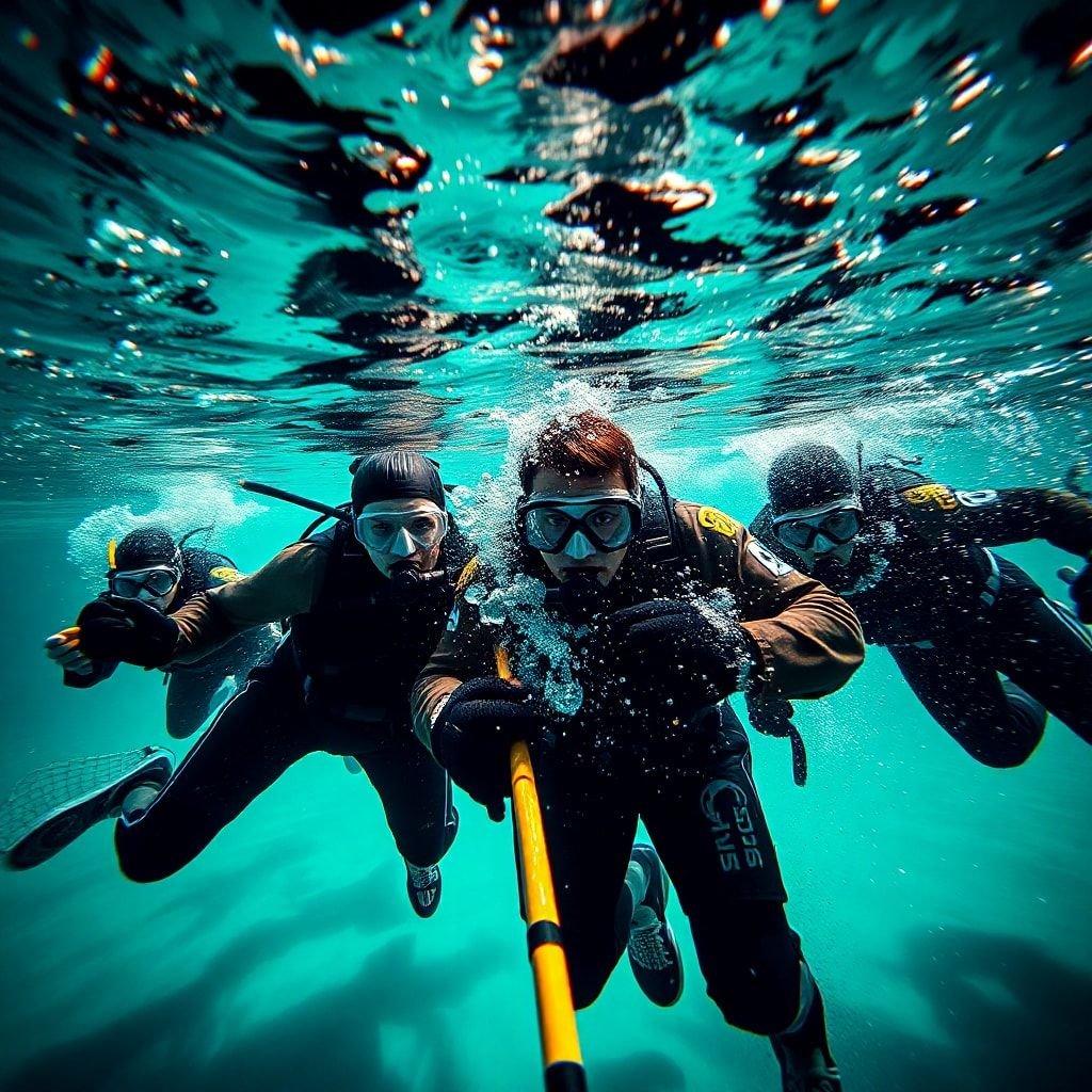 This image captures the thrill and excitement of snorkeling in the ocean, with a group of people exploring the underwater world.