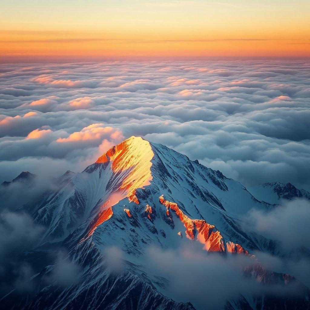 A breathtaking sunrise over the mountains, with the sun peeking through the clouds and casting a warm glow over the snow-capped peaks.