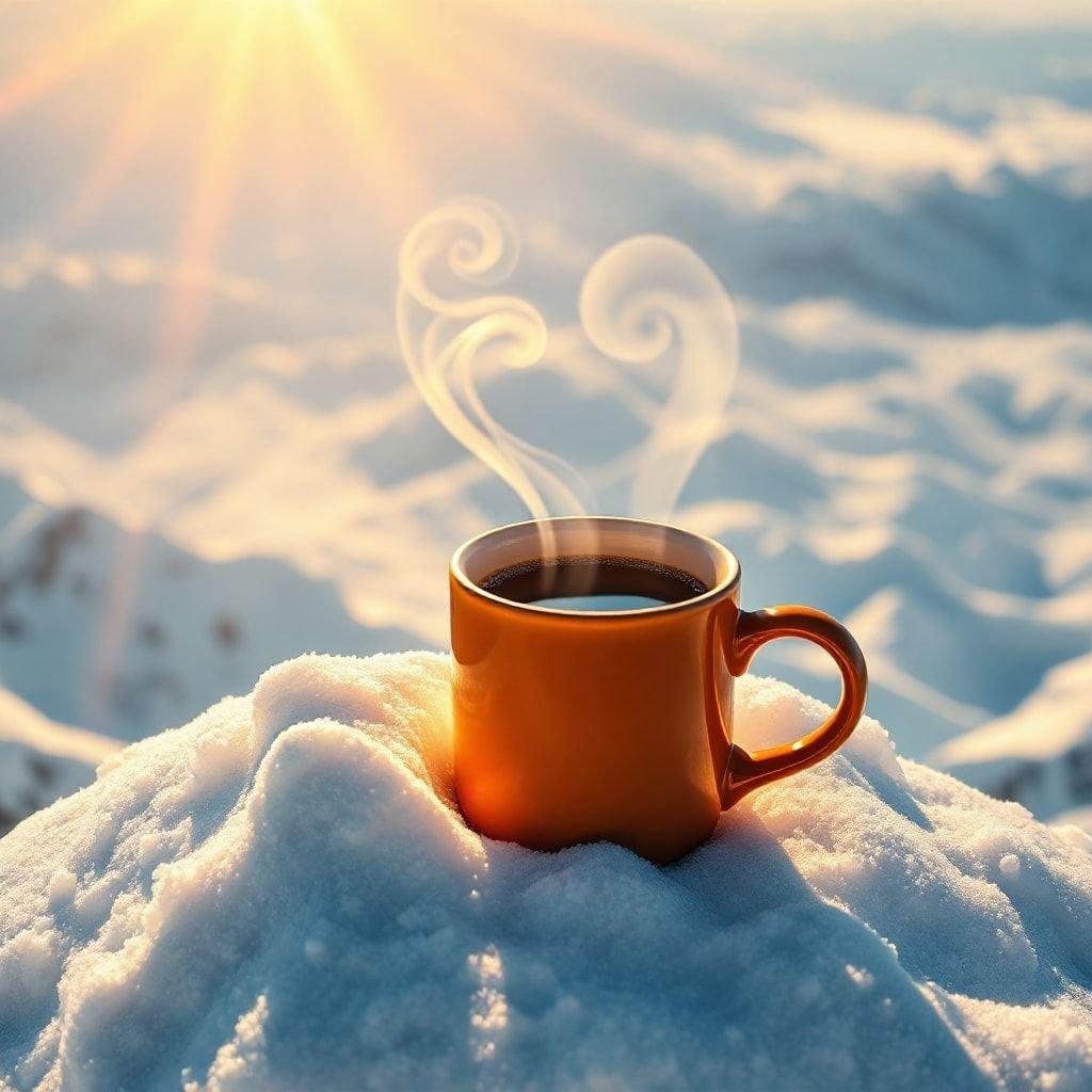 Enjoy a warm beverage on a snowy mountain meadow, perfect for a cozy winter escape.