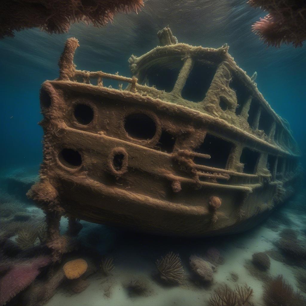 Discover the beauty and mystery of this underwater shipwreck. This ancient mariner's treasure lies beneath the ocean waves, a testament to its past voyages. The surrounding marine life adds an element of intrigue to this aquatic scene.