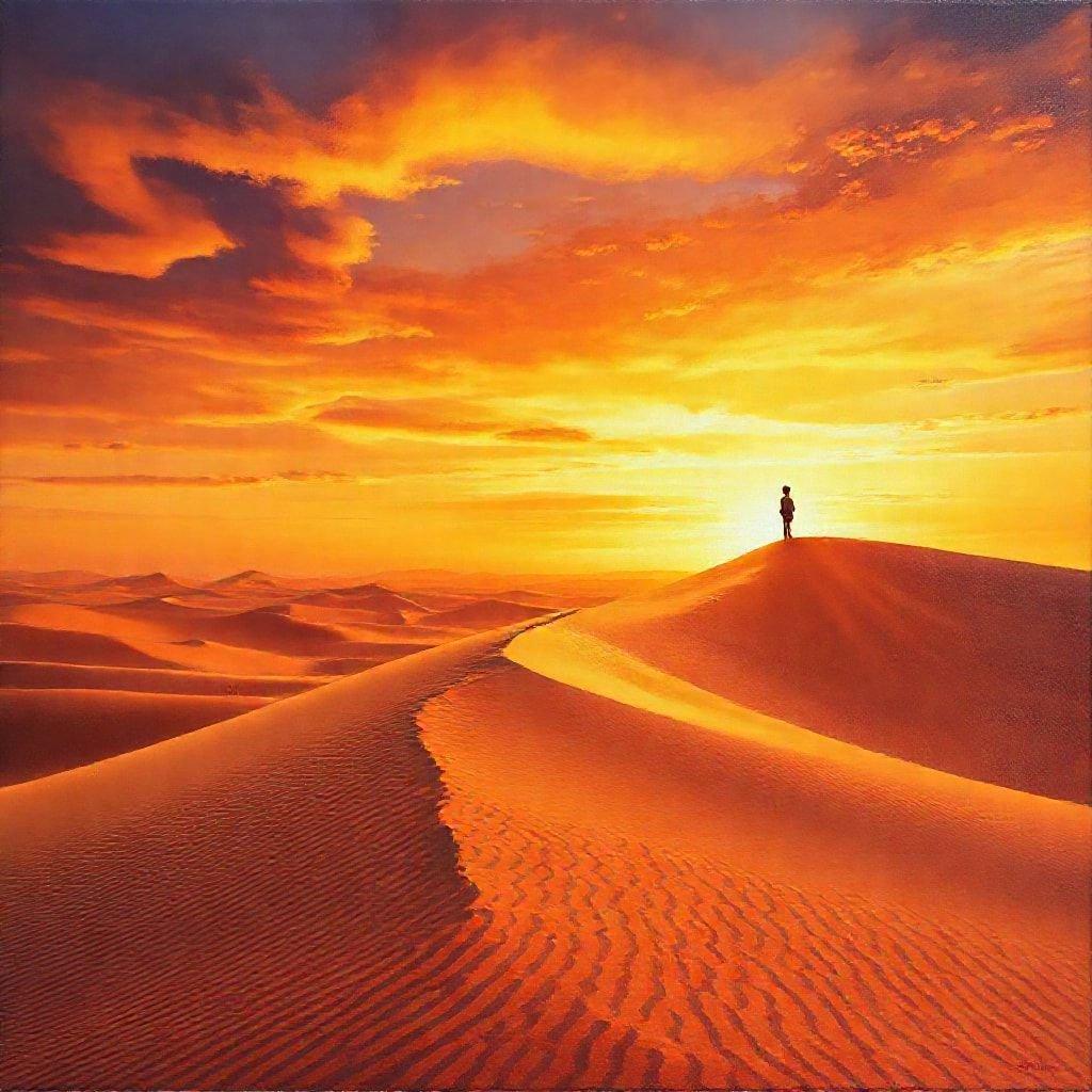 This breathtaking image captures the serene beauty of a vast desert landscape at sunset. The endless dunes stretch out as far as the eye can see, creating a sense of awe-inspiring wonder. The warm hues of the setting sun cast a golden glow over the entire scene, making it feel both peaceful and majestic. It's a reminder of the natural world's capacity to inspire and uplift us.