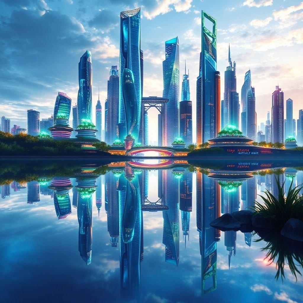 Plongez dans la beauté à couper le souffle de ce paysage urbain inspiré de l'anime, où des gratte-ciels futuristes rencontrent les réflexions sereines d'un lac.