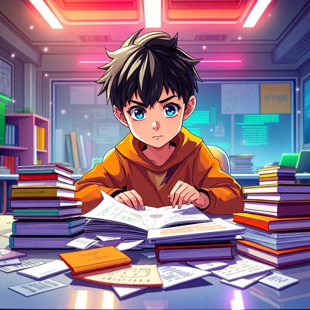 Questo personaggio anime, un giovane ragazzo con occhi blu, ha il naso sepolto in pile di libri. Il suo intenso focus suggerisce che è profondamente immerso in qualsiasi ricerca o compito a casa che sta affrontando.