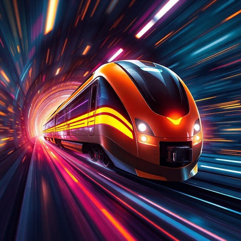 Vivez l'excitation d'un train futuriste traversant un tunnel avec ce fond d'écran vibrant et dynamique.