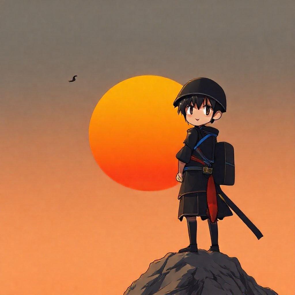 This anime wallpaper features a young samurai standing on top of a mountain peak, with a stunning sunrise in the background.