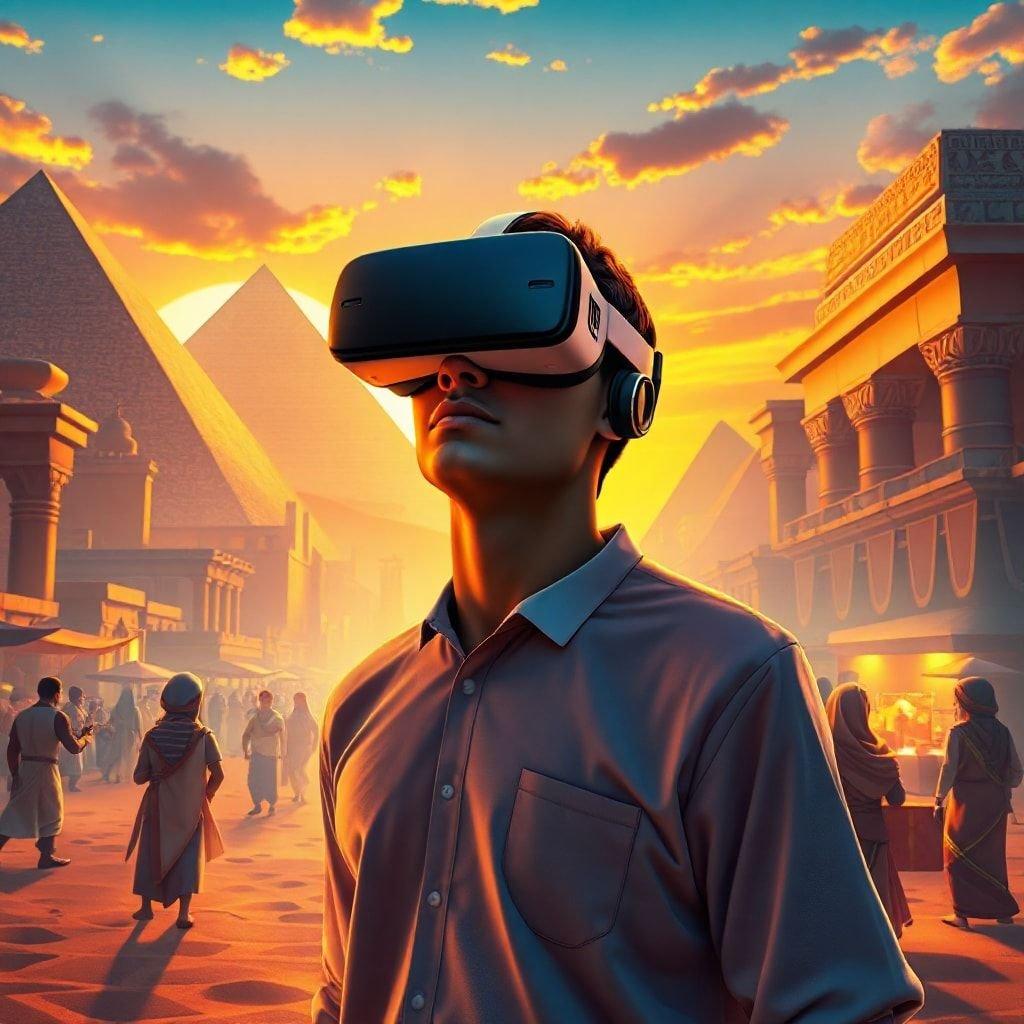 Un hombre experimentando la grandeza del Antiguo Egipto desde la comodidad de su hogar. El entorno de realidad virtual da vida a los bulliciosos mercados y monumentos majestuosos.