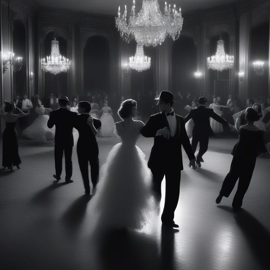 A glamorous gala in an opulent ballroom, where everyone dances the night away in vintage finery.