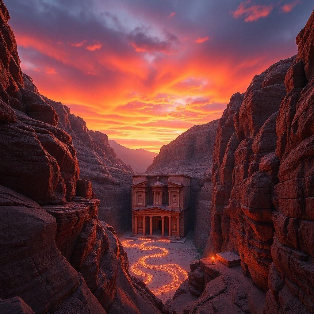 A breathtaking view of an ancient temple nestled in the mountains, with the sun setting in the background, creating a warm and peaceful atmosphere.