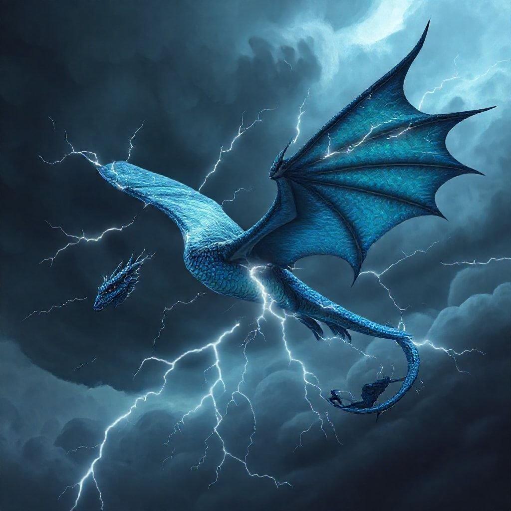 In the midst of a tempestuous sky, a majestic blue dragon soars on powerful wings. In its grasp, it carries two smaller dragons, perhaps siblings or companions in flight. The backdrop is as dark and turbulent as a stormy sea, with lightning bolts striking down around them, illuminating their forms against the chaos of the sky.