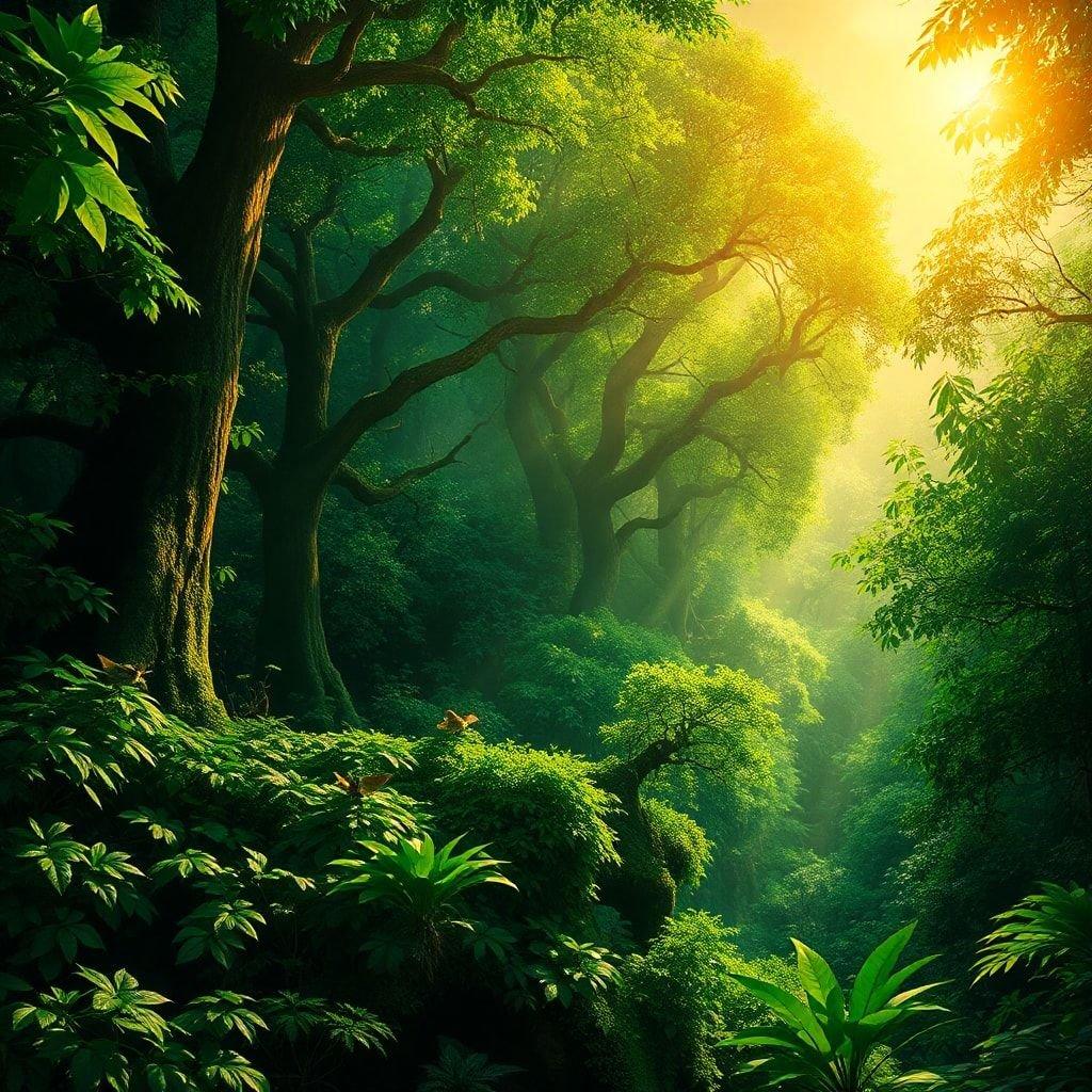 A tranquil path through a lush, misty forest with tall trees on either side, leading towards the sun. This is a picturesque landscape that would make for an excellent wallpaper.