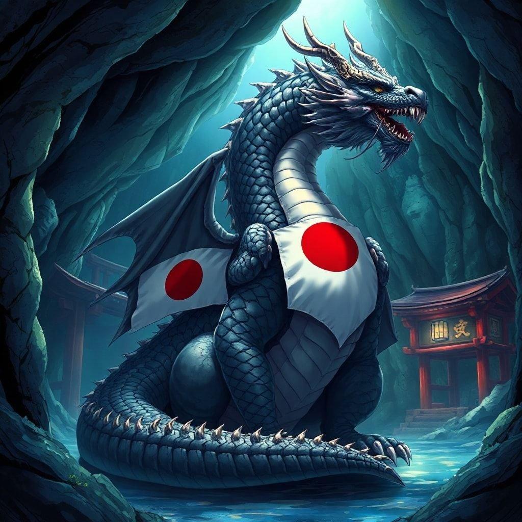 Dieser Anime-Hintergrund zeigt einen majestätischen Drachen mit einem dunklen, rätselhaften Körper und großen Schuppen, geschmückt mit der japanischen Flagge, der in einer Höhle sitzt. Die komplizierten Details der Schuppen des Drachen und der traditionellen japanischen Architektur sind in einem detaillierten, realistischen Stil dargestellt.