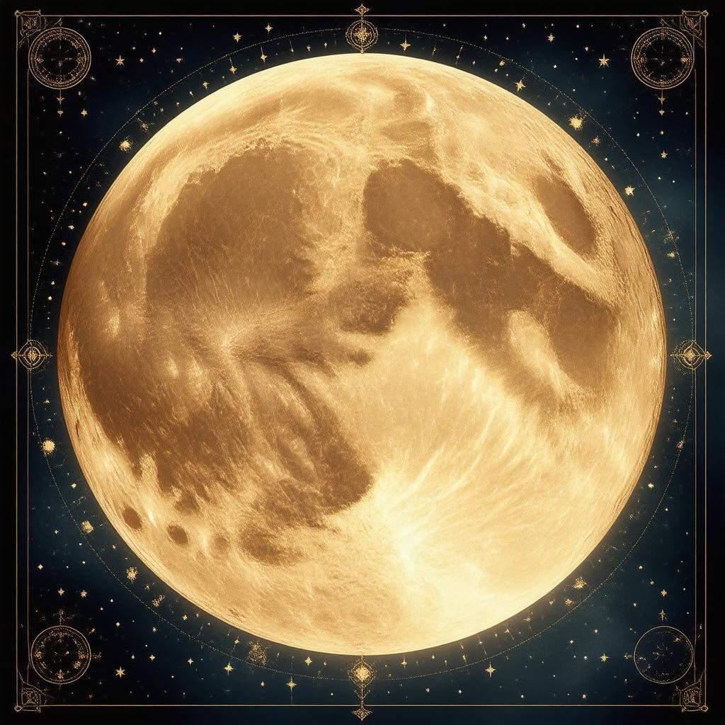 This anime-style wallpaper features a stunning full moon with intricate patterns and symbols etched into its surface, set against a dark blue background. The bright orange and yellow hues of the moon create a striking contrast, making it a unique and captivating desktop or mobile wallpaper.