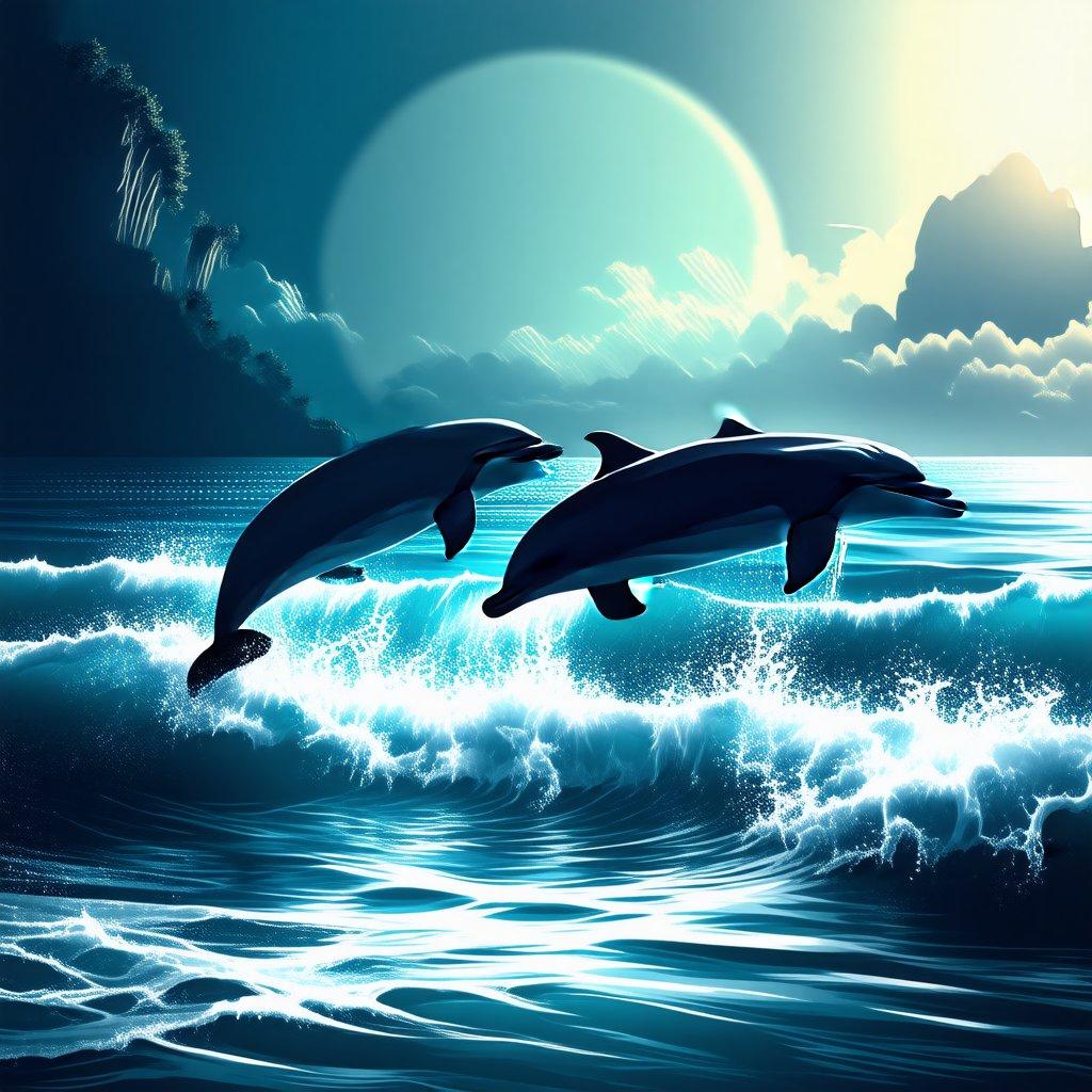 Two playful dolphins leap above the vast, blue ocean horizon, where a majestic moon rises over distant islands.