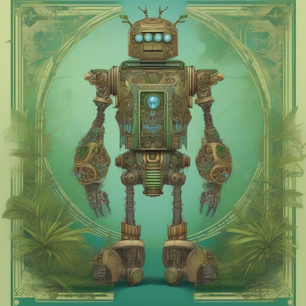 Utforska en fantastisk värld där mekanik möter natur. I denna digitala illustration i anime-stil står en steampunk-robot mitt i en frodig bambuskog, dess kropp är skapad av intrikata delar som harmoniskt blandar organiska och mekaniska element. Robotens randiga huvudbonad och detaljerade klädsel antyder en berättelse om äventyr och äktenskapet mellan teknik och den naturliga världen.