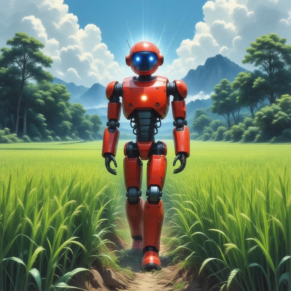 A serene and harmonious blend of nature and technology, featuring a tall, red-clad robot with a glowing blue face, walking through a lush green rice paddock.