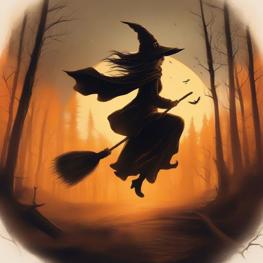 Abbraccia lo spirito incantevole di Halloween con questo affascinante sfondo. Unisciti alla nostra strega in volo attraverso una foresta fantastica, dove il bagliore della luna illumina i rami contorti e le foglie cadute. Vola accanto al gruppo di uccelli magici che danzano intorno a lei, sotto lo sguardo attento di una luna piena che si erge alta contro le tonalità arancioni del sole al tramonto.