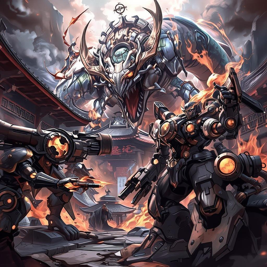 Get ready for an epic anime battle with steampunk mechs and a giant dragon in an ancient Japanese temple.