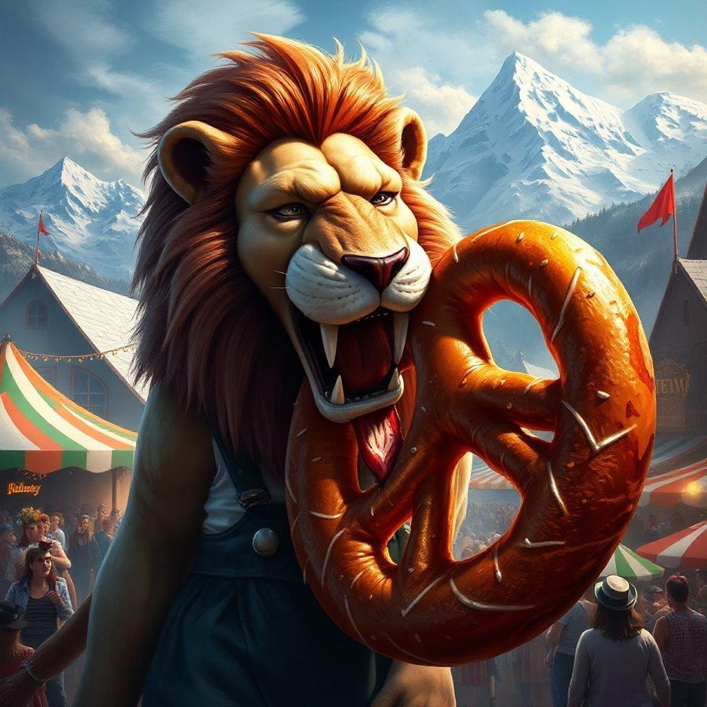 The festive spirit of Oktoberfest captured in a playful illustration. A majestic lion strides through the crowded streets, with a large pretzel-shaped beer in its paws. The vibrant festival atmosphere is palpable, with people reveling and enjoying the seasonal delights.