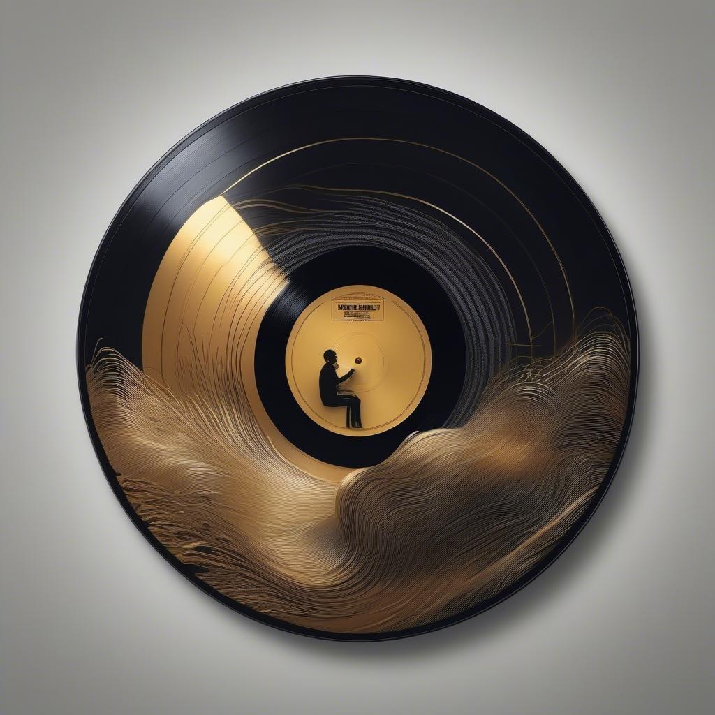 A unique vinyl record sleeve with an artistic design that features a person playing an instrument, set against a backdrop of a swirling pattern and a landscape.